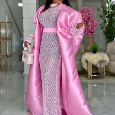 african satin robe with lace inner dress set - sheer mesh banquet sexy two-piece outfit