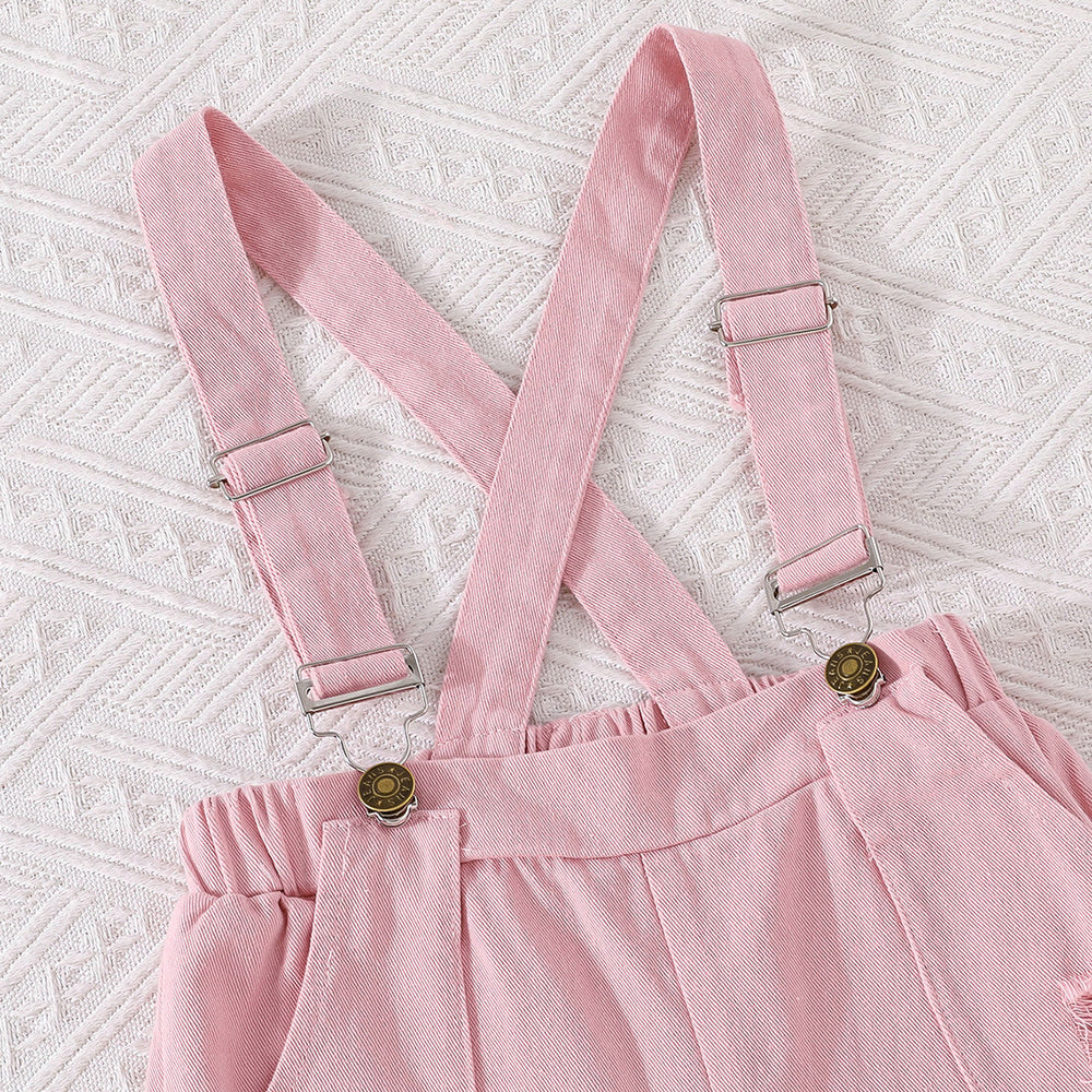new girls' fashion two-piece set: letter print tank top + pink distressed denim overalls