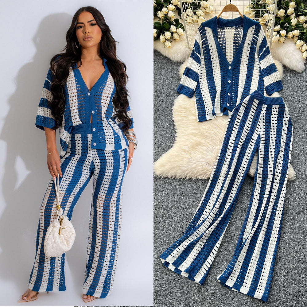 Women's summer v-neck loose knit cardigan top + wide leg pants set - color block striped cutout outfit