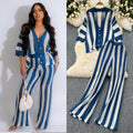 Women's summer v-neck loose knit cardigan top + wide leg pants set - color block striped cutout outfit