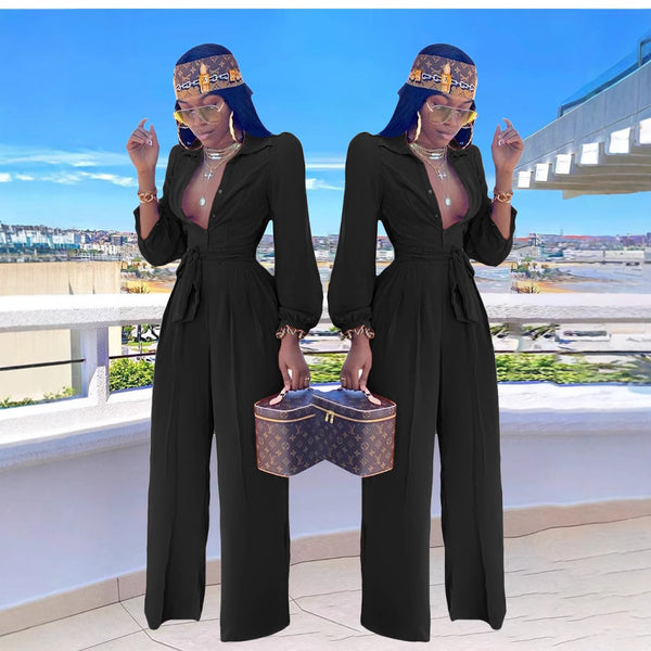 TM8074 European and American  women's  new solid color high waist straight casual shirt collar jumpsuit including belt