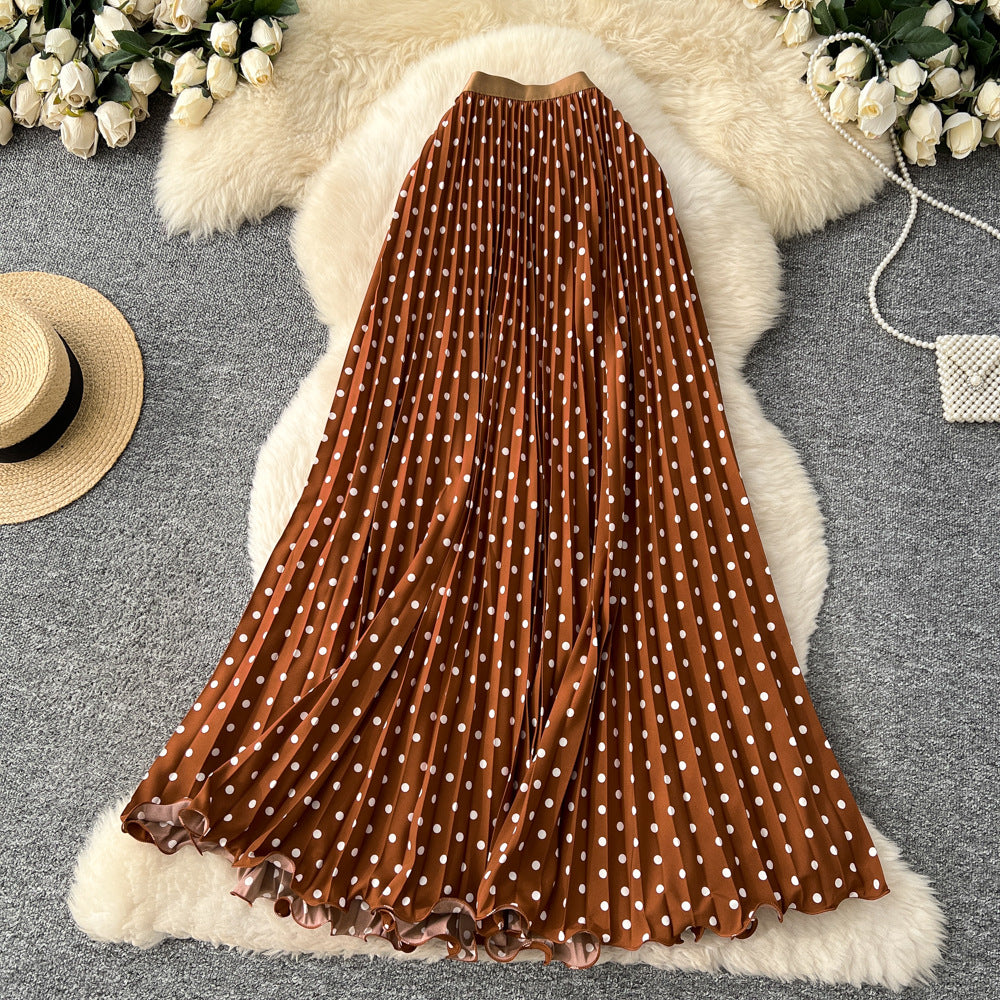 K-style polka dot pleated elegance skirt women's high waistslimming looka-line long skirtwork clothingeasiest for matchpatchworkelegant skirt