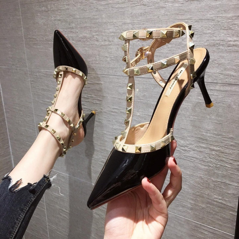 Studded high heel women's stiletto pumps - versatile & chic for summer 2024 - sexy pointed toe t-strap peep-toe rivet sandals