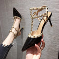 Studded high heel women's stiletto pumps - versatile & chic for summer 2024 - sexy pointed toe t-strap peep-toe rivet sandals