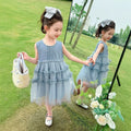 Girls' summer denim & mesh patchwork dress - sleeveless tank top style cake tutu dress for kids