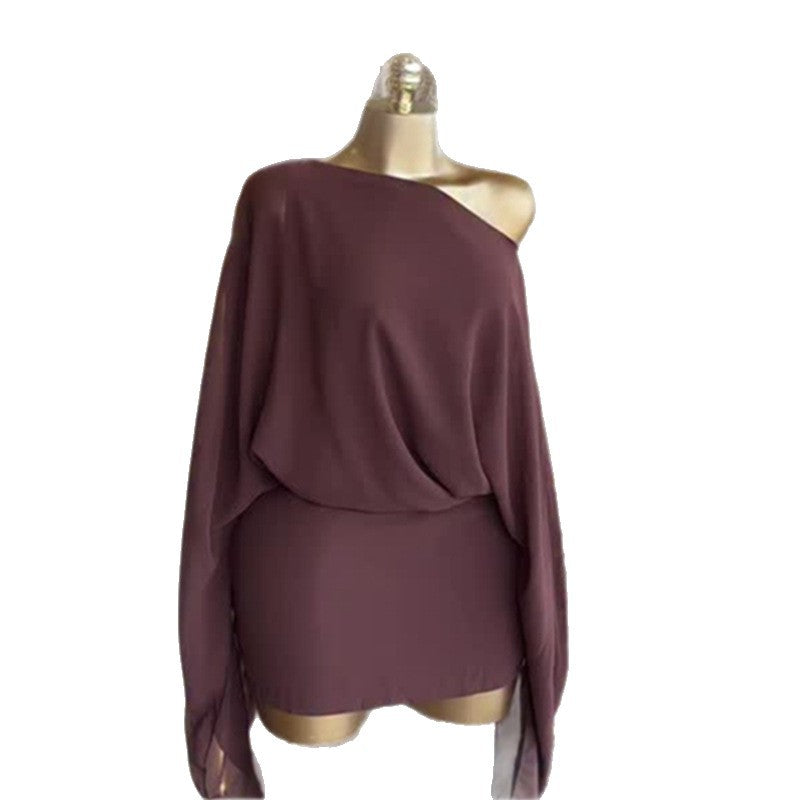 European and american women's clothing  autumn new sweet one-shoulder ruffle sleeve backless high-waisted slimming bodycon dress