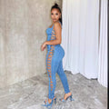 European and american cross-border women's clothing:  women's tie-waist jumpsuit, fashionable and sexy side drawstring denim overalls