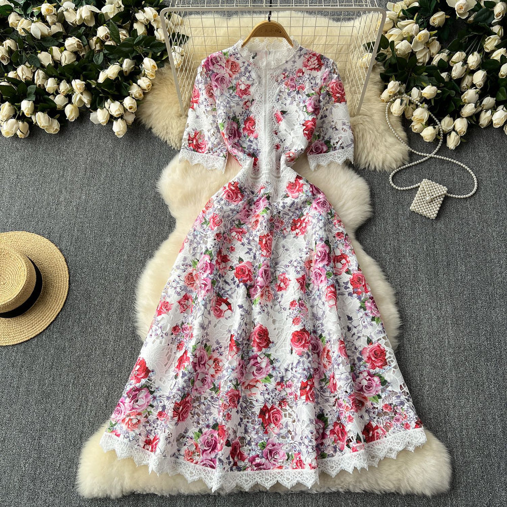 High-end women's summer  new french retro elegant lace patchwork printed waist-cinching chic evening dress