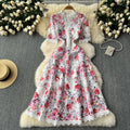 High-end women's summer  new french retro elegant lace patchwork printed waist-cinching chic evening dress