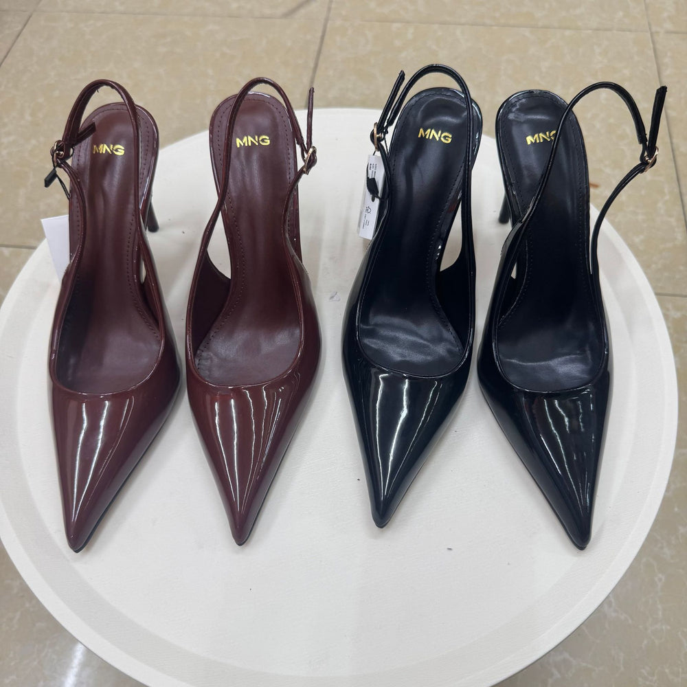 Spanish mng mango 2026 summer new pointed-toe patent leather sexy buckle closed-toe stiletto heel sandals for women