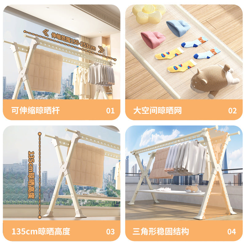 Foldable clothes drying rack - floor standing, indoor/outdoor use - aluminum alloy, extendable rod, perfect for balconies, bedrooms, and outdoor use - quilt drying solution