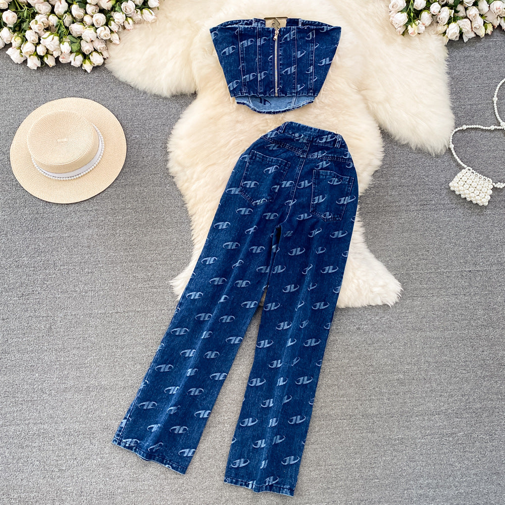 Fashionsuit women's american retroeleganttube top denim vest two-piece setcasualhigh waistslimming lookstraight-leg pants