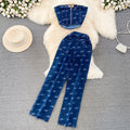 Fashionsuit women's american retroeleganttube top denim vest two-piece setcasualhigh waistslimming lookstraight-leg pants