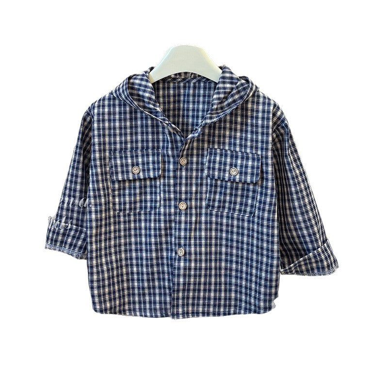 Kids' hooded jacket - new spring/autumn collection - boys' casual top - trendy baby plaid hooded shirt - stylish korean fashion