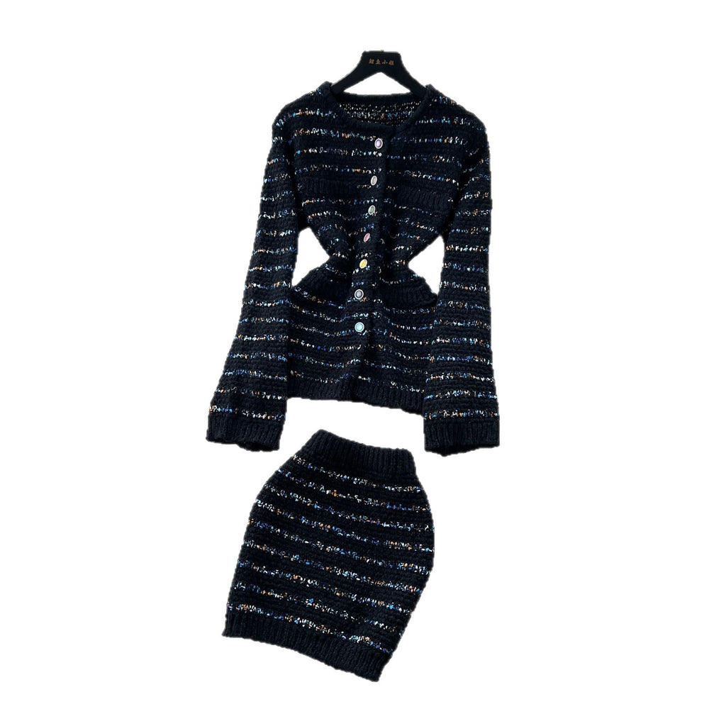 Xiaoxiangfengfashionablesuitfemaleautumclassycontrast color round neck waist long sleeves knitting shirt hip covering short skirt