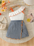 cross-border girls' fashion ruffle one-shoulder cami top + irregular embroidered floral denim jeans two-piece set