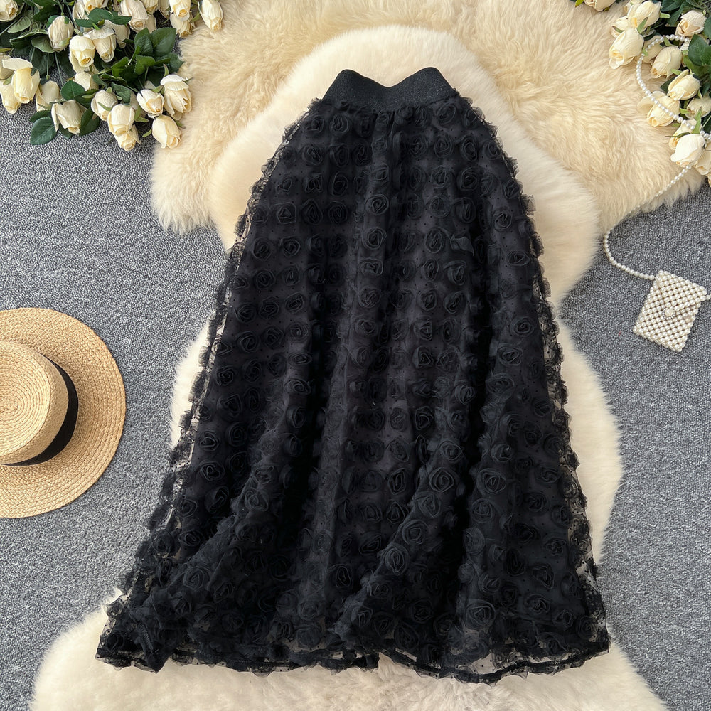French heavy industry stereo rose flower high waist skirt women's styleeasiest for matchslimming lookelegance large swing a-line umbrella skirt
