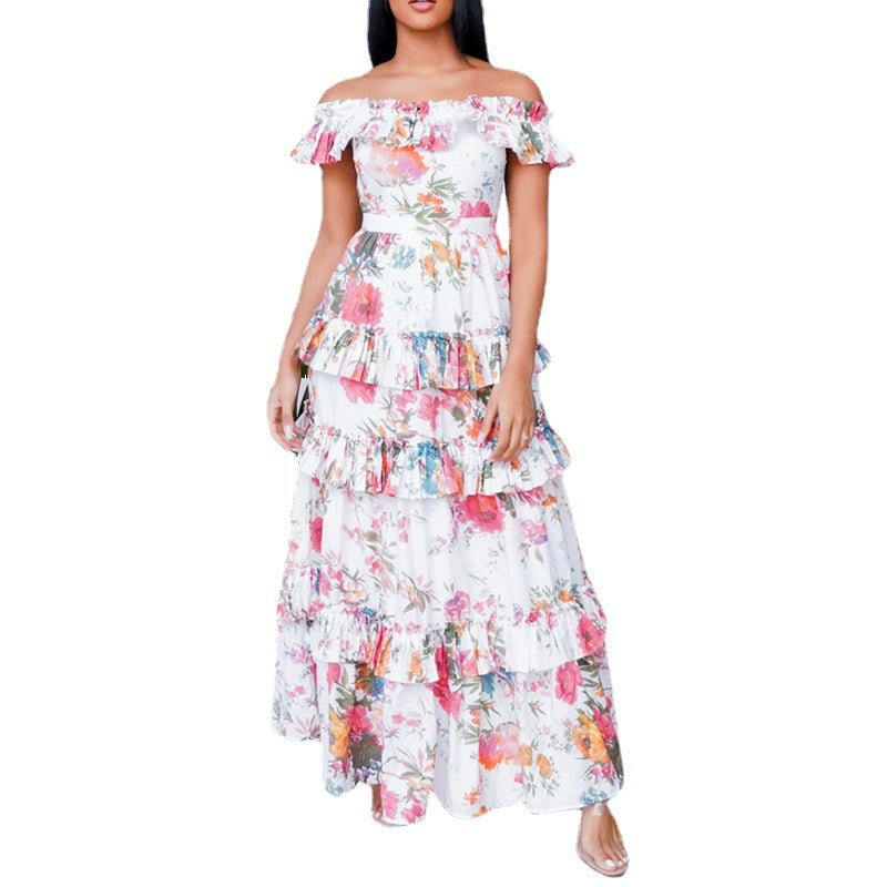 European and american 2025 summer new women's round neck long sleeve printed ruffle hem maxi dress - fashionable vacation style