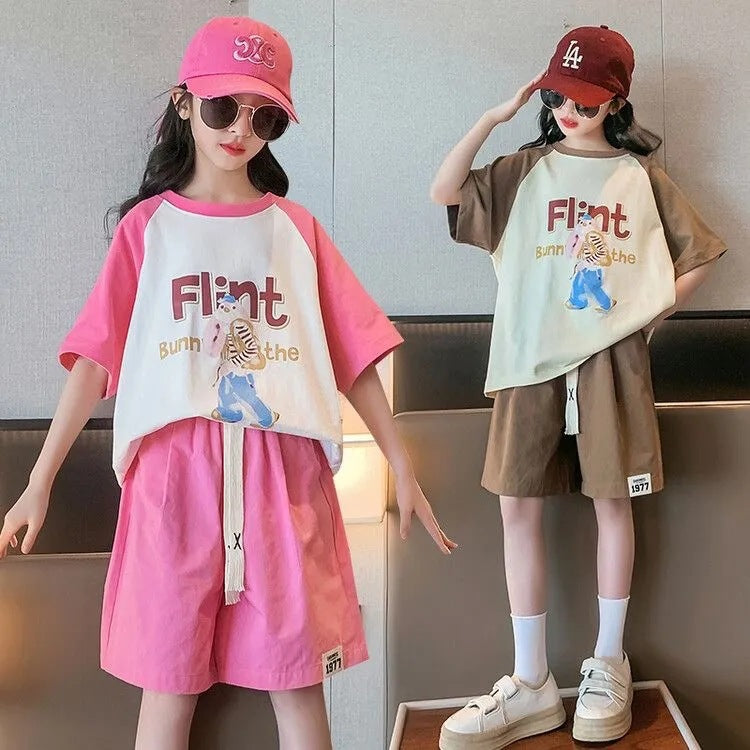 Girls' summer outfit set:  new trendy & stylish short-sleeve summer clothes for girls, popular two-piece activewear set