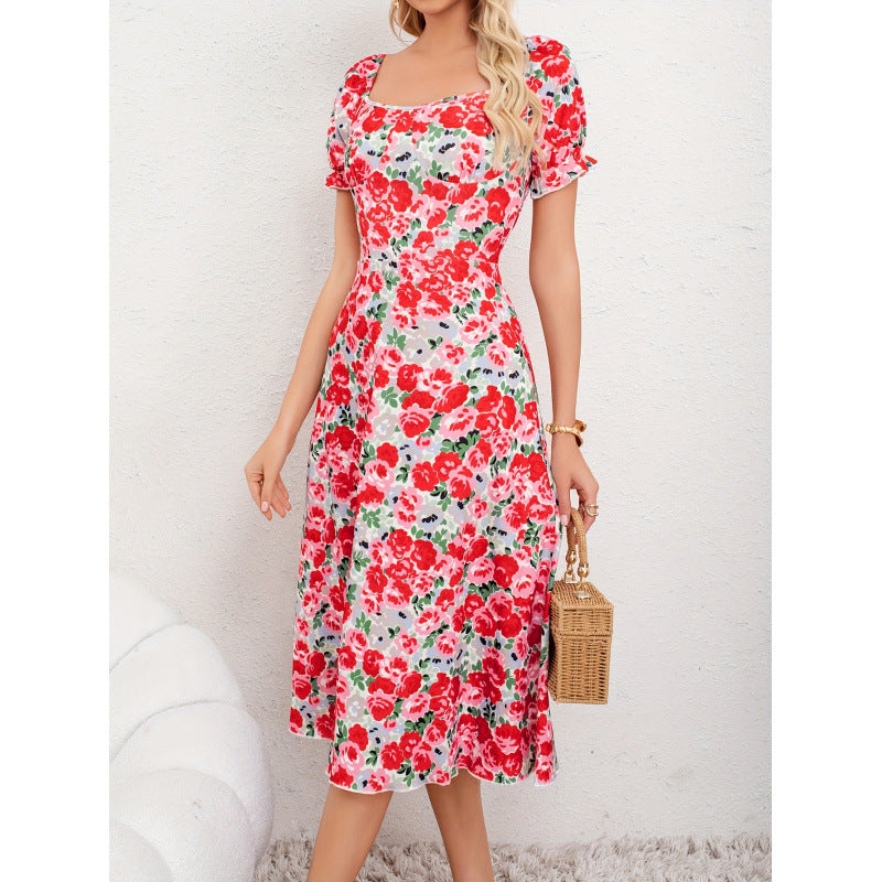 Aliexpress new arrival: women's elegant floral print vacation dress with square neck