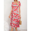 Aliexpress new arrival: women's elegant floral print vacation dress with square neck