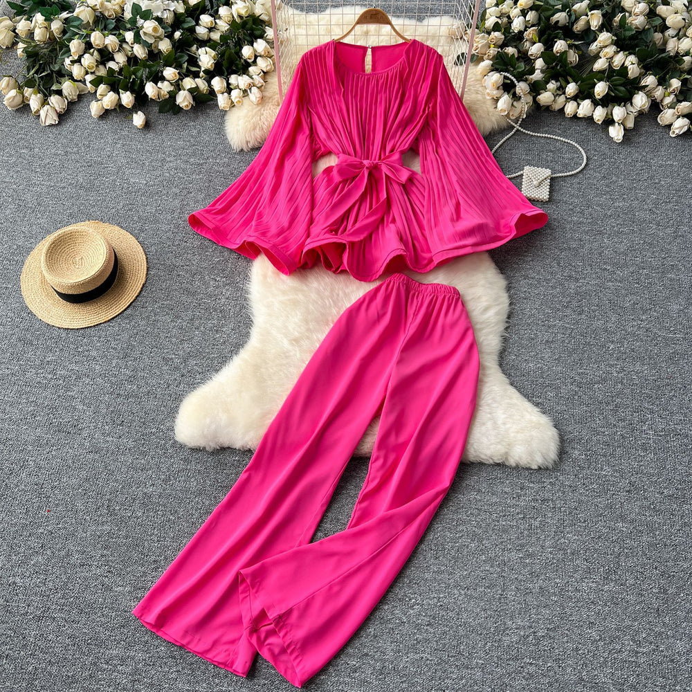 Sophisticated style niche styletwo-piece set women's loose waist tie backflare long sleeves pleated tops+high waistcasualpants