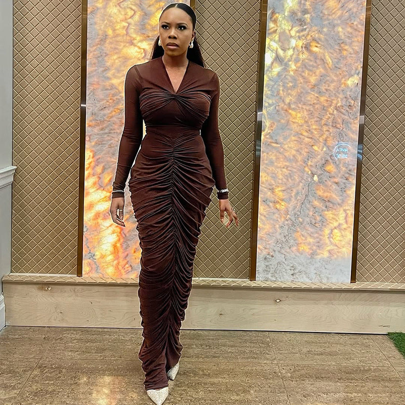 European and american style ins cross-border women's pleated bodycon v-neck bodycon dress long sleeve solid color streetwear one-step dress
