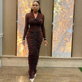 European and american style ins cross-border women's pleated bodycon v-neck bodycon dress long sleeve solid color streetwear one-step dress