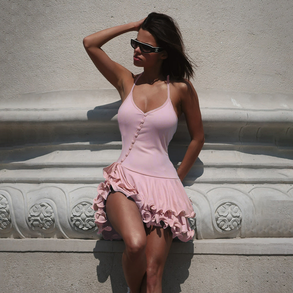 european and american cross-border summer new arrival: spicy girl slim-fit halter neck ruffle single-breasted design dress