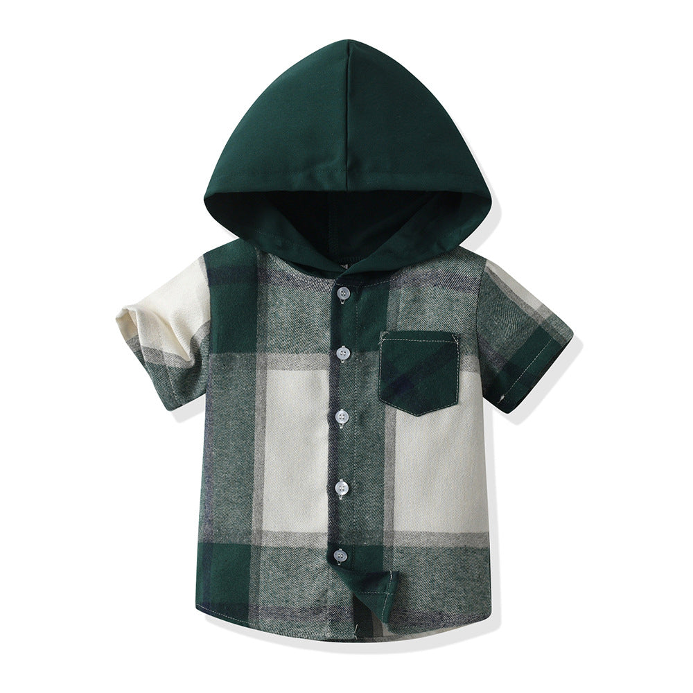 Factory boys' shirts - british style summer new arrivals - kids' casual short-sleeve plaid shirts - big & tall boys' hooded shirts - custom orders available