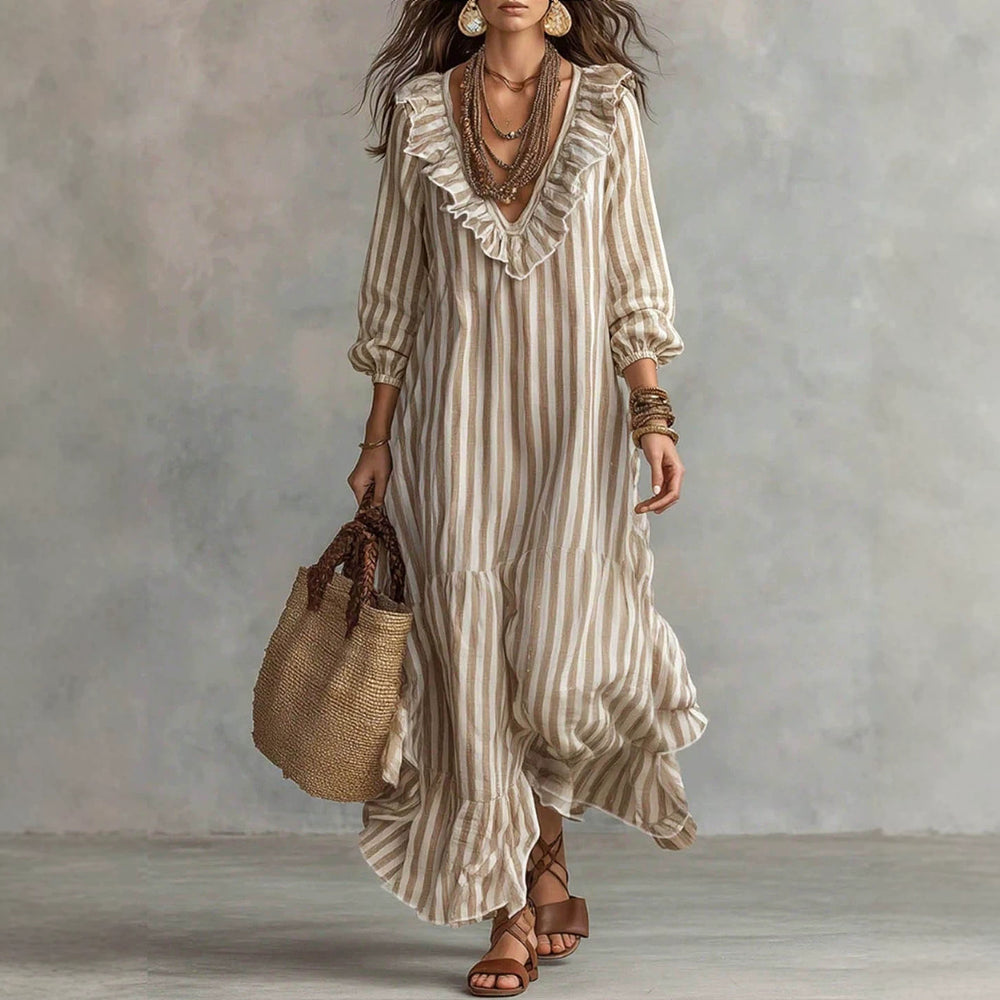 Vacation casual style vertical stripes mid-length skirt v neckrufflespatchworklooseslimming looklong sleeves flowydress