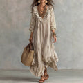 Vacation casual style vertical stripes mid-length skirt v neckrufflespatchworklooseslimming looklong sleeves flowydress
