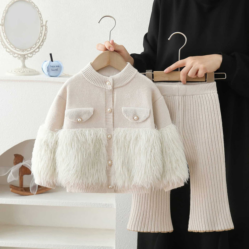 Girls' fuzzy solid color cardigan knit set - new  korean style kids' sweater two-piece outfit for autumn and winter