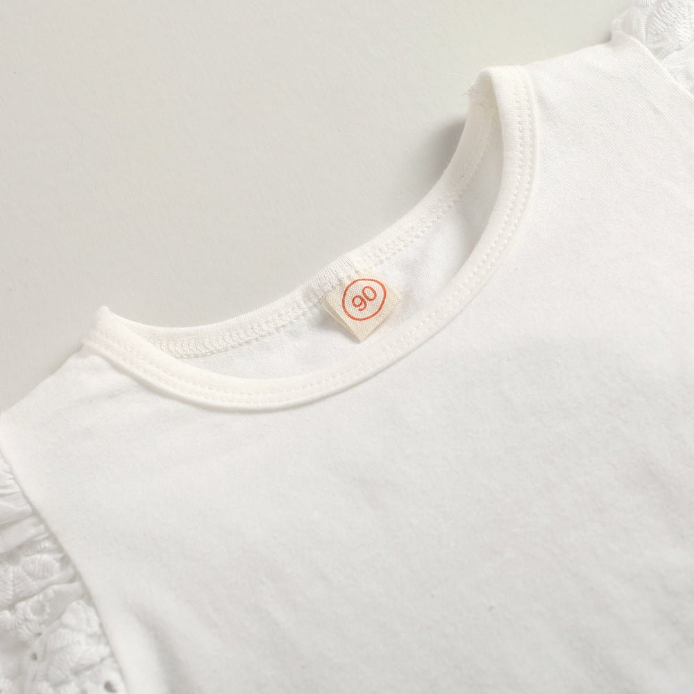 European and american cross-border e-commerce new arrival: girls' solid color hollow-out flutter sleeve crew neck top with detachable strap shorts two-piece set