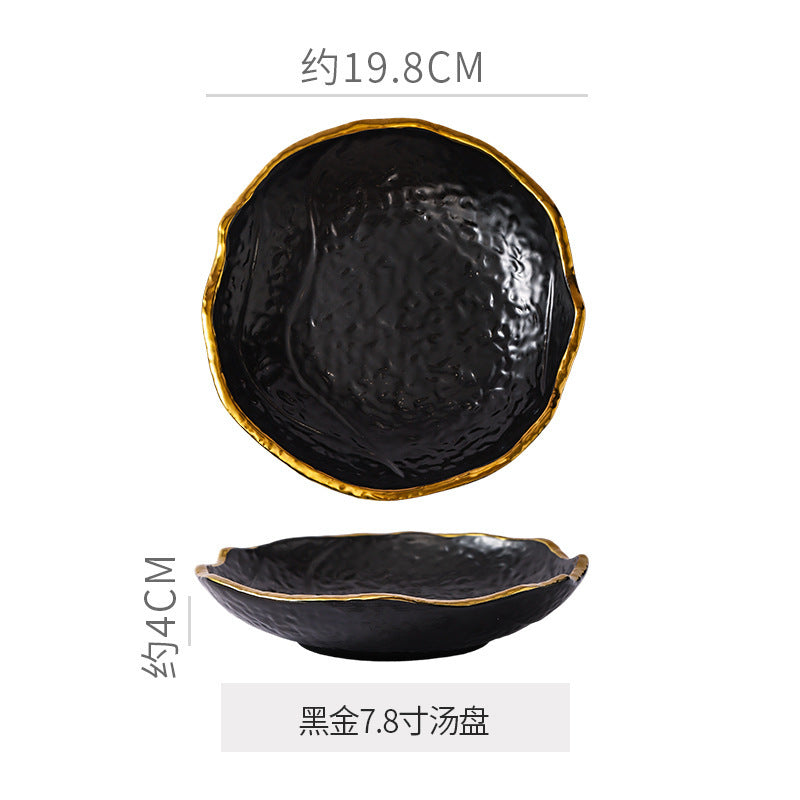 Luxury retro-style irregular ceramic dinnerware set with embossed gold trim – perfect for home, restaurant, and hotel table settings
