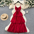 Red suspender layered pleated dress women's summer french holiday style waist ruffles cake skirt slimming look long skirt