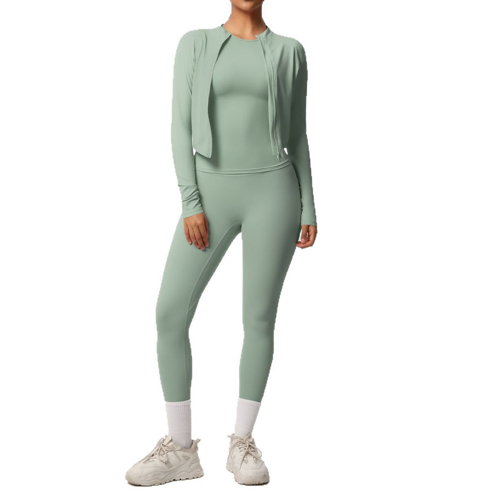 European and american nude feel solid color slim-fit top, jacket, and yoga outfit - quick-dry activewear three-piece set for outdoor leisure, running, and fitness