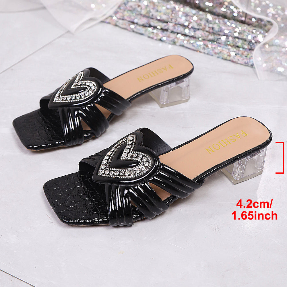 2026 summer new arrival: plus size women's casual rhinestone slides - chunky heel, perfect for skirts, cross-border e-commerce