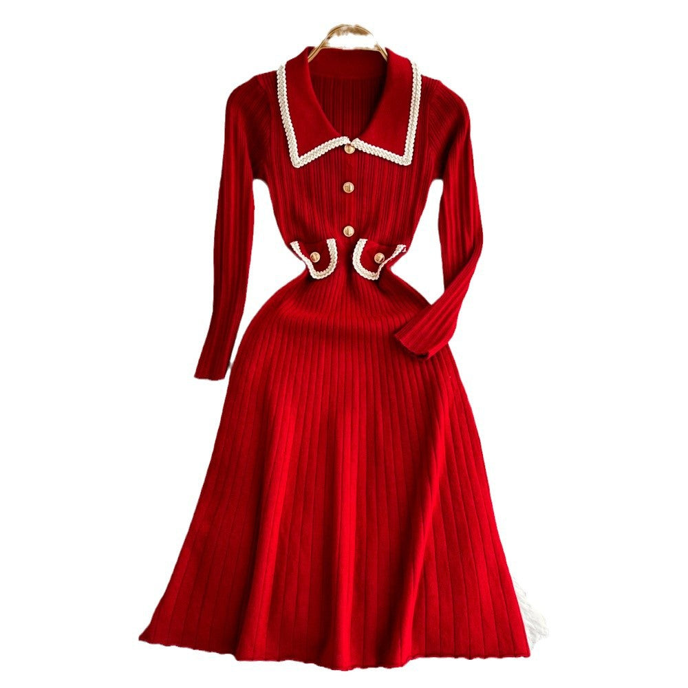 Xiaoxiangfeng socialite elegantcontrast colorlong sleeves doll collar waist slimming look longa line large hem knittingdress