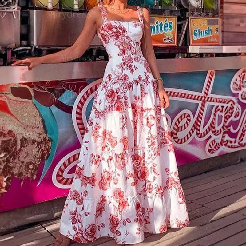 Custom  foreign trade european and american women's clothing new commuter camisole maxi dress - elegant, stylish, printed, high-waisted dress