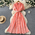 French romantic lace cutout dress - women's summer short sleeve, slim fit a-line dress - office chic & high-end style