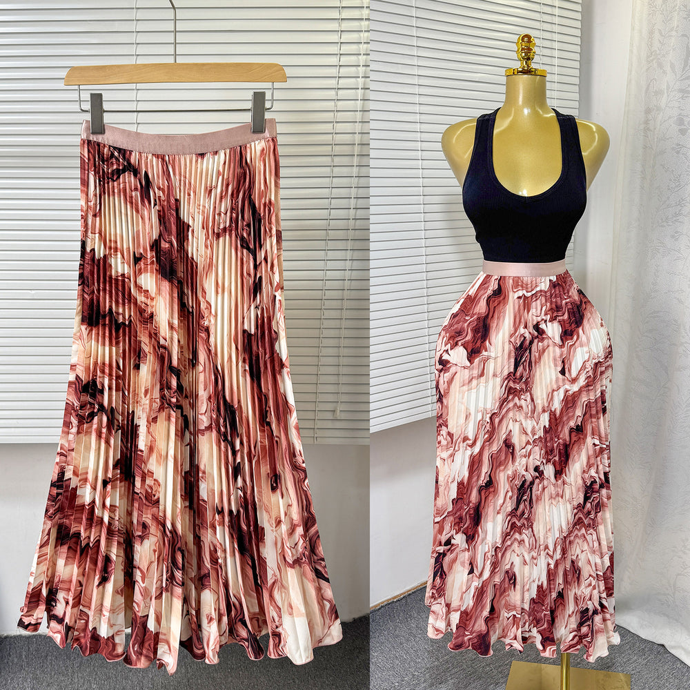 Exportsweeteasiest for matchpleated skirt large swing printing skirt women's frenchhigh waista-line medium long pleated skirt