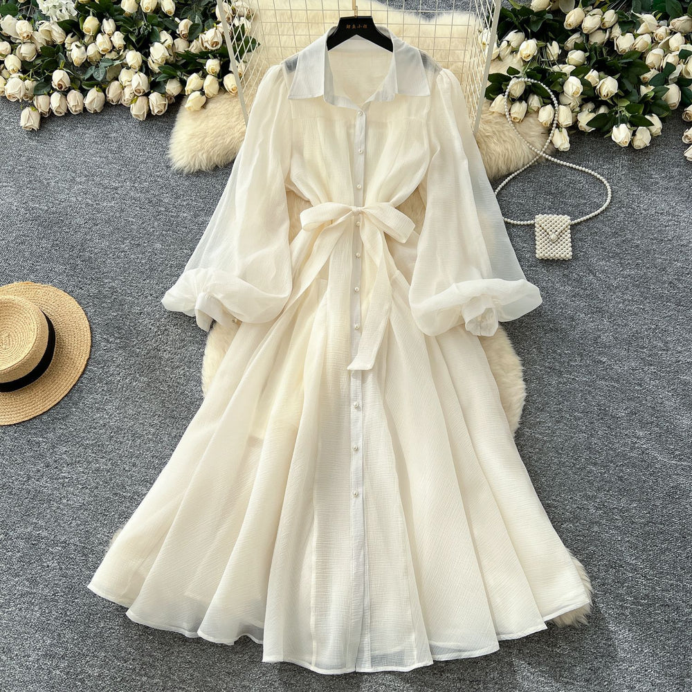 French dress women's autum palace style niche lapel single breasted strap waist lantern sleeve long skirt