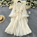 French dress women's autum palace style niche lapel single breasted strap waist lantern sleeve long skirt