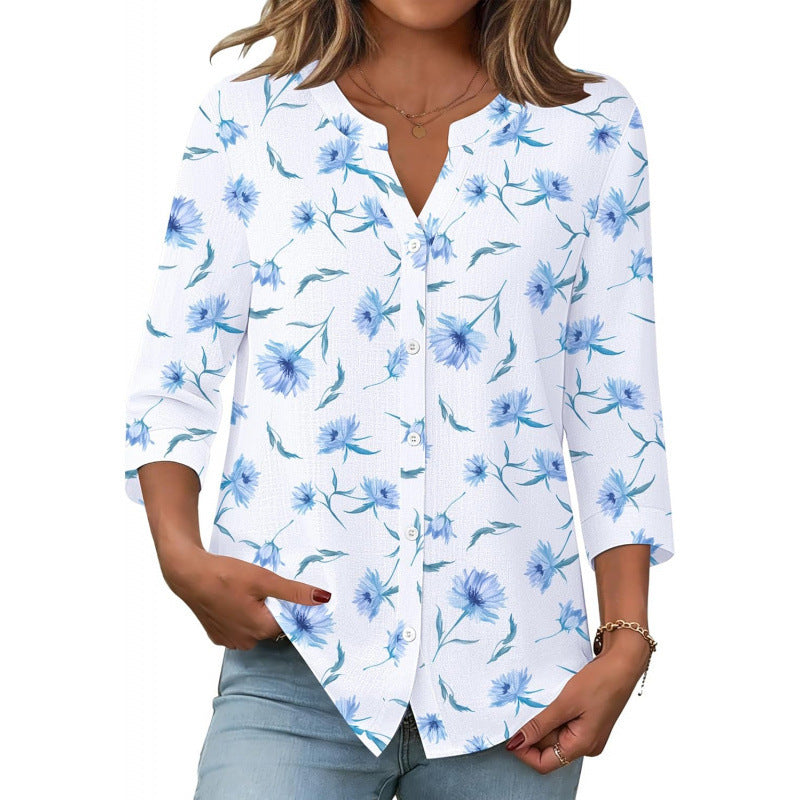 Amazon european goods  summer button-down shirt, three-quarter sleeve v-neck blouse, fashionable casual loose top
