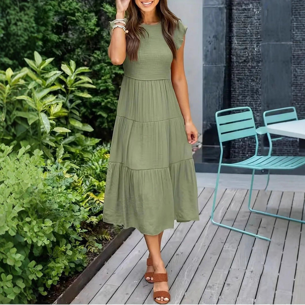 summer women's short-sleeve dress : fashionable solid color, slim-fit, figure-flattering, mid-length, versatile