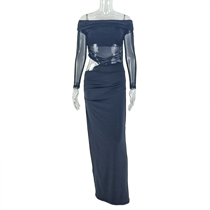 European and american style women's foreign trade pleated cutout sheer bodycon dress - off-the-shoulder bandeau solid color raglan long sleeve dress
