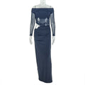 European and american style women's foreign trade pleated cutout sheer bodycon dress - off-the-shoulder bandeau solid color raglan long sleeve dress
