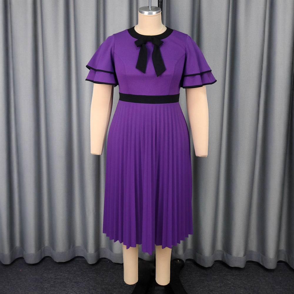 Plus size vintage elegant round neck bowknot pleated skirt double layer ruffle sleeve cinched waist party dress