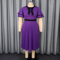 Plus size vintage elegant round neck bowknot pleated skirt double layer ruffle sleeve cinched waist party dress
